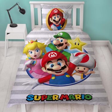 Комплект постільної білизни Kinder Super Mario для хлопчика 135x200/80x80 см, 100% бавовна, з блискавкою, з принтом Маріо, Луїджі, Піч та Стар