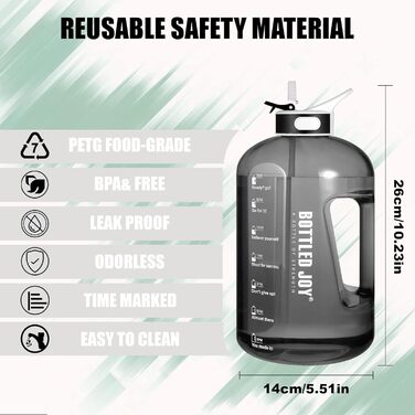 Water bottle with straw, 1 Gallon / 3.5L BPA-Free Leak-Proof Plastic Sports Bottle, Water Bottle with Time Markers, Drinking Bottle for Fitness, Office, Outdoor, Home (Black, 2500 ml)