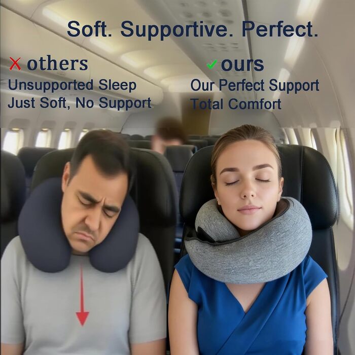 Подушка для шиї з регульованою капюшоном та 360° підтримкою шиї | Ергономічна подушка з піною з пам'яті для подорожей (літак, авто) | З чохлом та берушами | Дихаюча та пральна (темно-сіра)