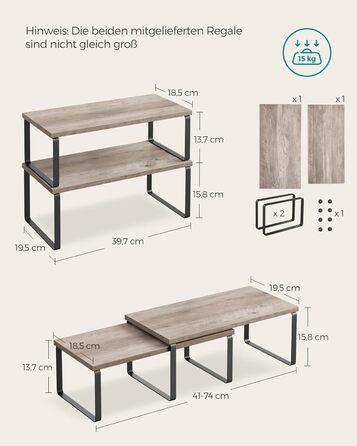 SONGMICS Spice Rack, 4-Piece Set, Kitchen Shelf, Kitchen Organizer, Expandable, Spice Holder, Stackable, with Metal Frame, 19.5 x 29.7 x 15.8 cm, Ink Black + Natural Beige KCS10NB (Ink Black + Greige Melange, 39.7B cm)