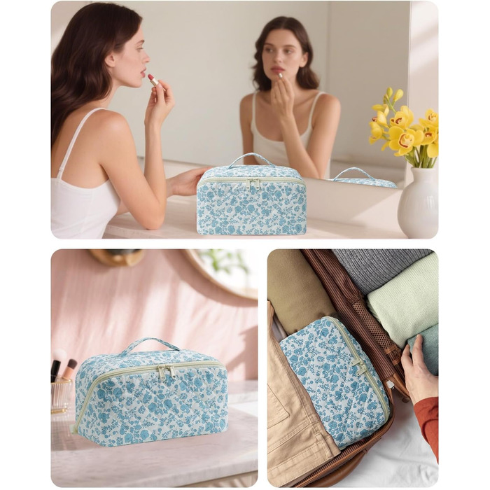 Косметичка для подорожей Wandering Nature для жінок з відділенням для пензликів, водонепроникна, велика, з перегородкою та ручкою (блакитна квітка)