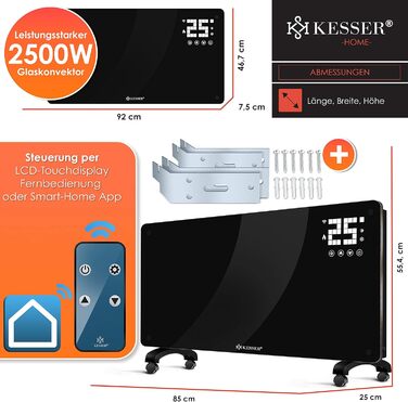 Електричний конвектор KESSER® з Wi-Fi, LCD-дисплеєм та пультом керування. Чорний, 2500 Вт. Можливість встановлення на стіну або на підлогу.