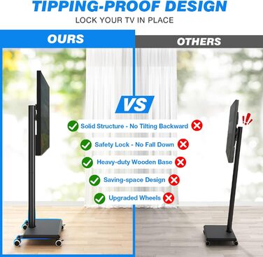 Мобільна підставка для телевізора з поличкою 27-60 дюймів, чорна. Регульована висота, поворотний механізм, VESA 400x400, до 40 кг