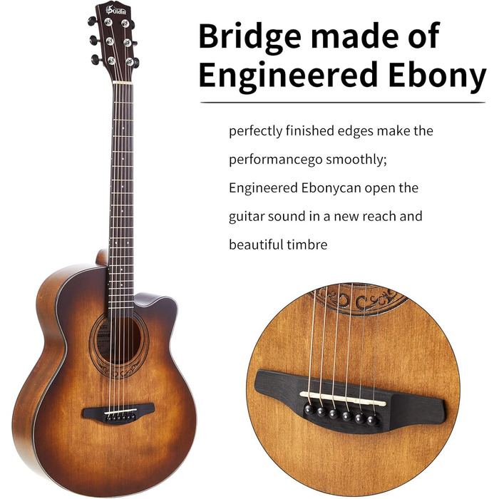 Акустична гітара Soldin 40 дюймів Premium з масивної соснової верхньої деки. Комплект: гітара, підставка, тюнер, ремінь, каподастр, струни, серветка, медіатори (коричневий)