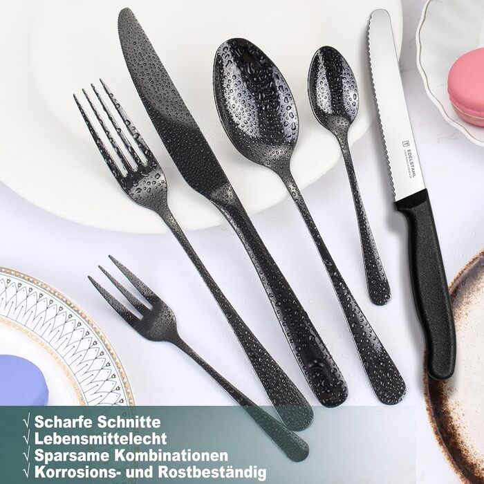 Набір столових приборів на 6 осіб, Targzier, 36 предметів, нержавіюча сталь, з ножами для стейка, преміум-якість, для сім'ї/вечірки/готелю, чорний колір, придатний для миття в посудомийній машині