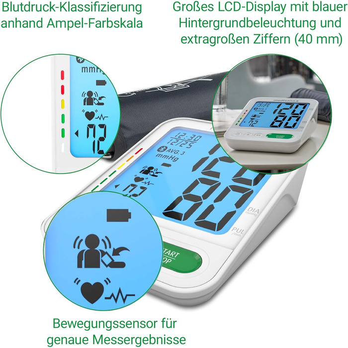 Тонометр Medisana BU 584 для вимірювання тиску на плечі, точний вимір тиску та пульсу, з додатком для аналізу та збереження даних, індикатор кольорами, виявлення та попередження про аритмію