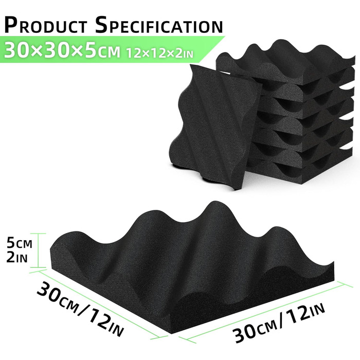 Акустичний поролон Foneso для звукоізоляції, панелі-поглиначі шуму 30x30x5 см, висока щільність 25кг/м³, хвилястий візерунок, чорний (8 шт.) для студії, офісу та кімнати запису
