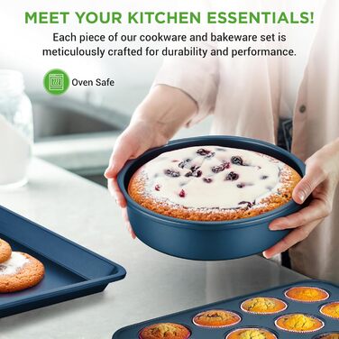 NutriChef 20-Piece Non-Stick Cookware Set, Pots & Pans Set & Baking Pans | PFOA/PFOS-Free | Cookware Set - Induction Pots & Pans, Round Cake Pan, Loaf Pan, Roasting Pan, Muffin Tin, Baking Sheet Marine Blue