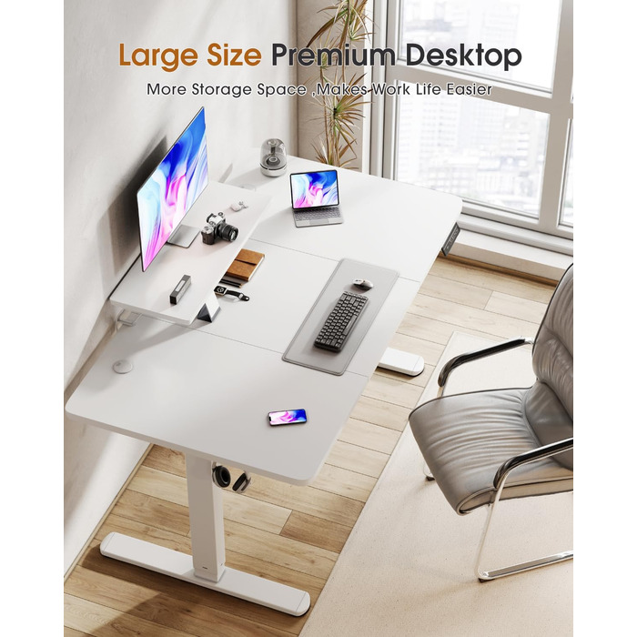 TriumphKey Adjustable Height Standing Desk with Monitor Stand - Electric Ergonomic Desk, 120x60cm White