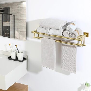 Тримач для рушників SAYAYO на стіну, з полицею, з нержавіючої сталі, 60 см (золотий)