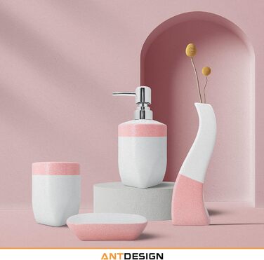 Набір аксесуарів для ванної кімнати з кераміки, 5 шт. (помпа, дозатор мила, мильниця, тримач для зубних щіток, ваза), рожевий, для сучасного декору