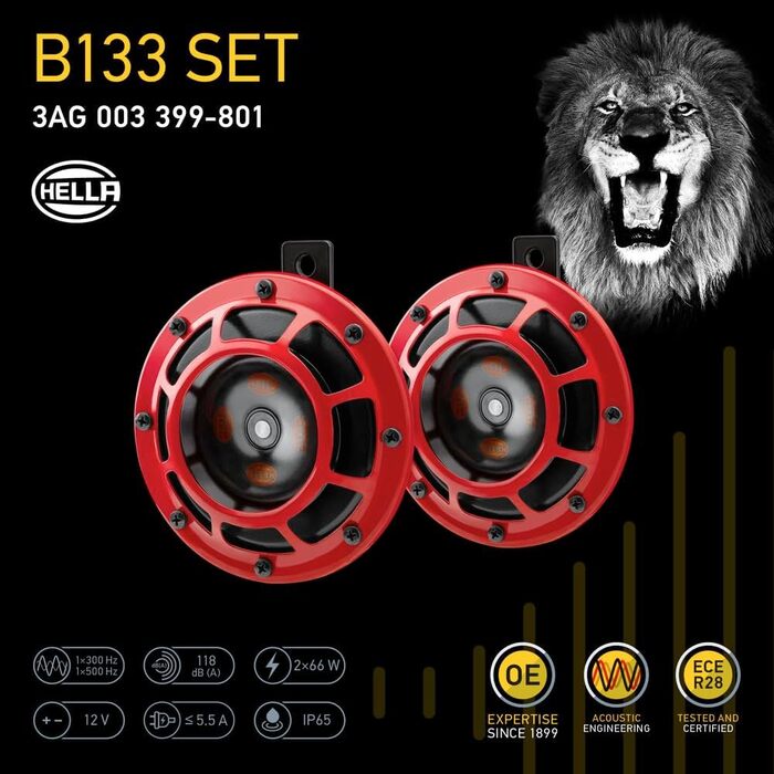 Електричний звуковий сигнал HELLA B133, 12В, 118дБ, 300/500Гц, низький/високий тон, комплект 2 шт., червоний/чорний, плоский роз'єм