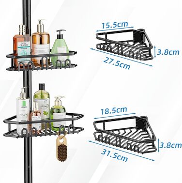 Bomclap Telescopic Shower Shelf, Metal Telescopic Rod Corner Shower Shelf with 4 Baskets, Telescopic Shelf Bathroom Shower Rack without Drilling for Bathtub and Bathroom, Height Adjustable 157-290cm, Black