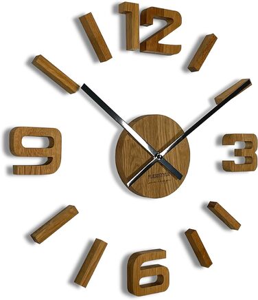 FLEXISTYLE 3D Wall Clocks DIY Oak Wood Large 50-75CM (Thickness 19MM!) for Office, Living Room, Bedroom Decoration (Black Hands, Wood), z54g eco75 d-1-x