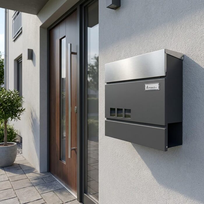 Поштовий ящик антрацит з нержавіючої сталі, з вікном та табличкою для імені, відділення для газет, замок з 2 ключами, настінний поштовий ящик RAL 7016, великий розмір