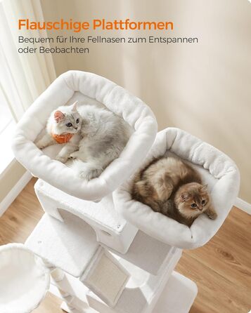 Драбина для котів Feandrea, 206 см, XXL, з 13 стовпчиками для дряпання, 2 платформами, 2 хованками, кошиком, помпонами, багатоярусна, кремово-біла, для дому (60 x 50 x 206 см)