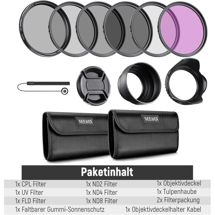 Набір фільтрів Neewer 82mm ND: UV, CPL, FLD, ND2, ND4, ND8, бленда, кришка об'єктива, сумісний з Canon, Nikon, Sony, Panasonic, DSLR