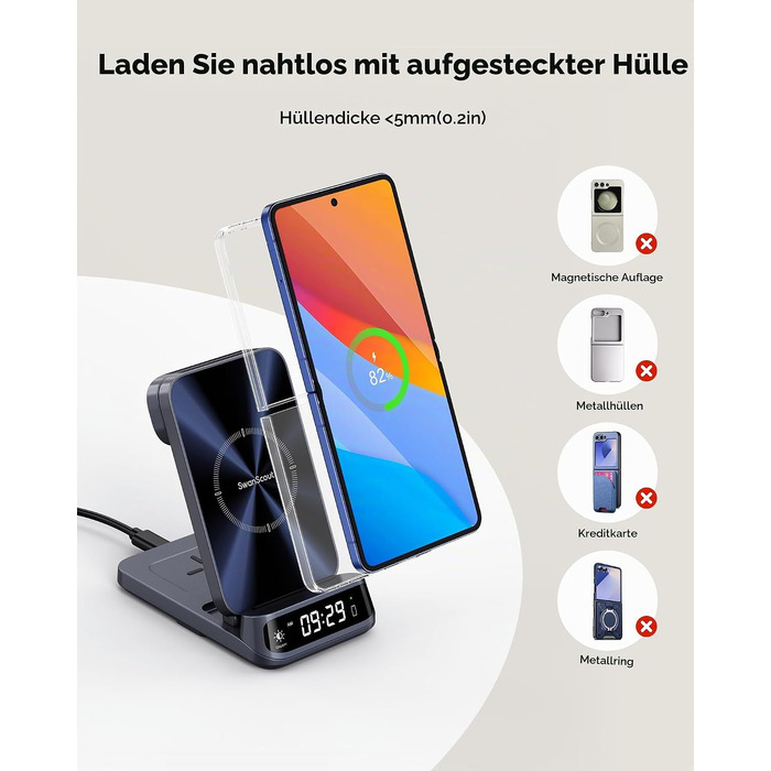 Бездротова зарядна станція 3-в-1 SwanScout 708F для Samsung Galaxy Z Flip 7/6/5/4/3, Galaxy Watch 8/7/6/5/4 та Galaxy Buds 3/2 Pro, індукційний зарядний пристрій (без адаптера)