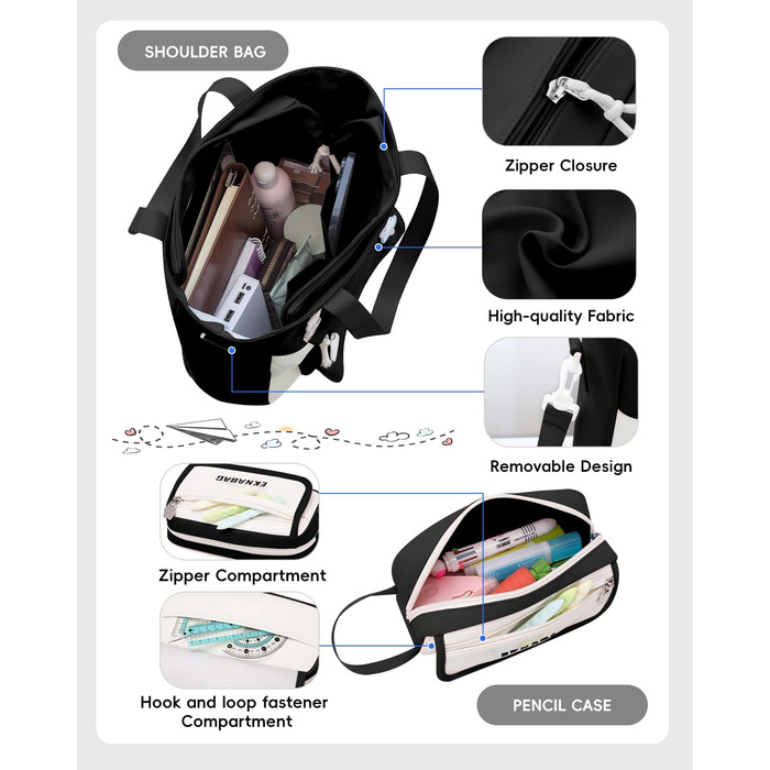 Рюкзак Tanou для дівчаток, шкільний набір: рюкзак, сумка через плече та пенал, чорний