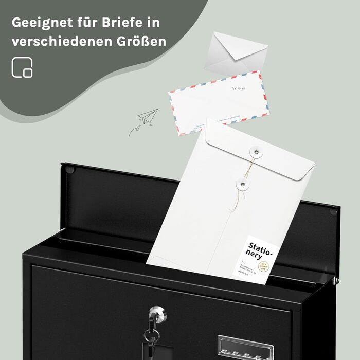 Поштовий ящик WOLTU з газетницею та вікном, персоналізований, замиканий, з 2 ключами, сучасний, 37x37x10.5 см, чорний