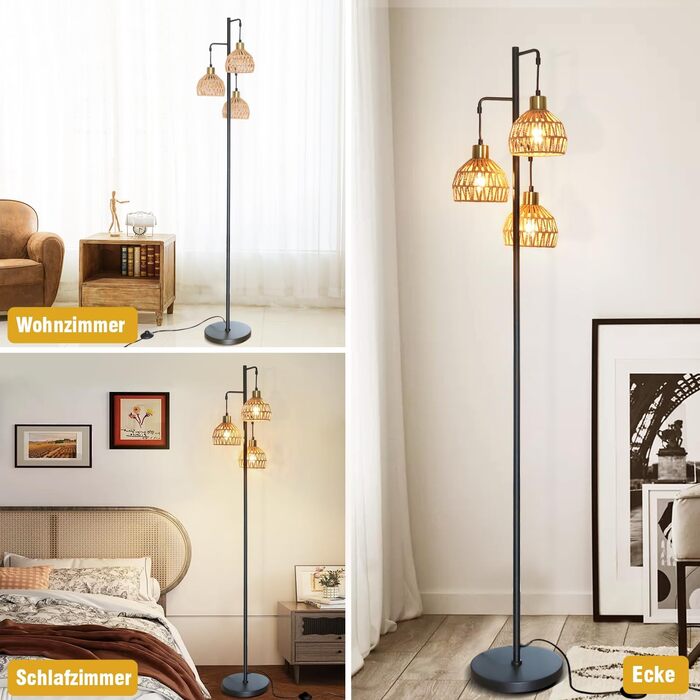 Стійка лампа ShineMuse Boho з ротангу, чорна, вінтаж, 170 см, 3 E27, LED, диммер, для вітальні