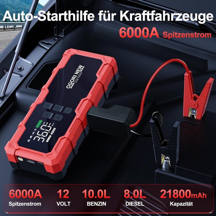 Powerbank Starthilfe з компресором 6000A, 12V, для бензинових (8L) та дизельних (10L) авто, з LED-ліхтариком