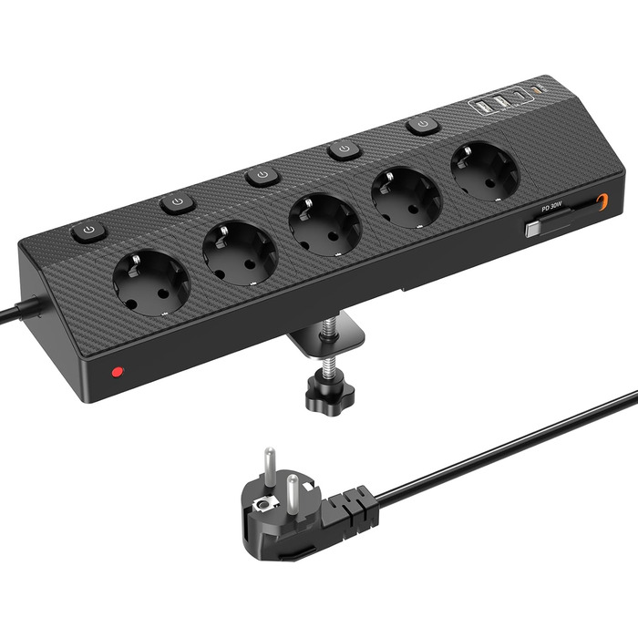 Мережевий адаптер Passus 5-фазний з 2 USB-C (PD 30W), захист від перенапруги, індивідуальне вмикання, 10-в-1, кабель 2м, чорний