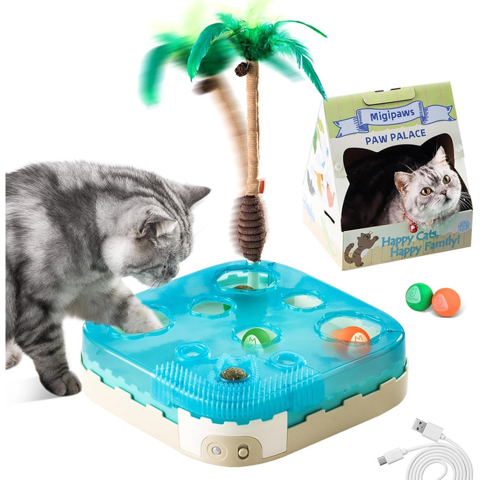 Migipaws Cat Toy, 7-in-1 Electric Interactive Cat Toy, Rolling Ball, Flexible Angel with Feathers, Catnip, Cat Grooming, Cardboard Cat House, Paw Palace for House Cats