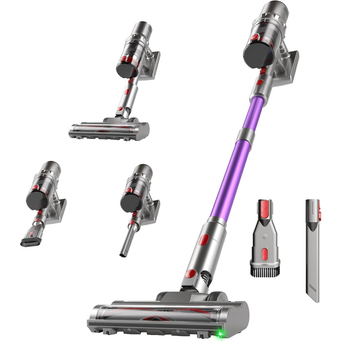 Бездротовий пилосос Hearten 4-в-1 з акумулятором, LED-дисплеєм та щіткою проти намотування, керуванням в один дотик, LED-підсвічуванням для шерсті тварин/килимів/твердих підлог, фіолетовий