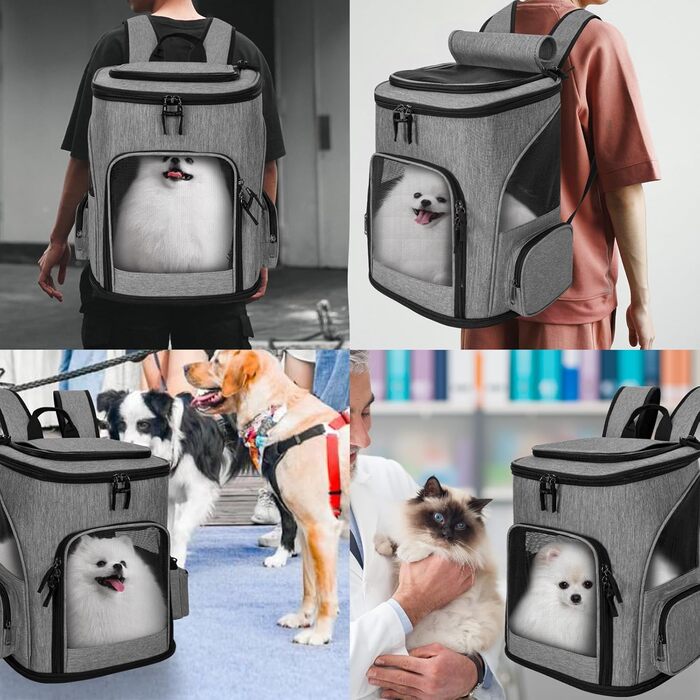 Рюкзак для собак, переноска для тварин, сірий, розширюваний, для собак маленьких порід, вантажопідйомність 10 кг