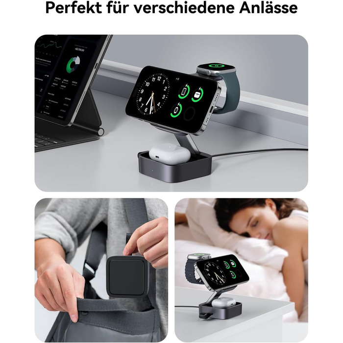 База для зарядки 3-в-1 для Apple: магнітна складна бездротова зарядка з MagSafe для iPhone 17/16/15/14/13/12, Apple Watch та AirPods Pro/4/3/2, чорний