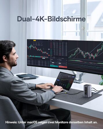 Базаус Док-станція USB-C 12-в-1 для ноутбуків Dell/HP/Lenovo/Asus/Acer/Mac: 2 монітори 4K HDMI, 10Gbps USB-C/A, 100W PD, Gigabit Ethernet