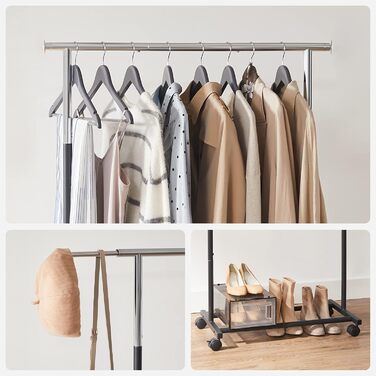SONGMICS Clothes Rack, Clothes Rail, Coat Stand with Wheels, Load Capacity up to 25 kg, Adjustable, Silver-Black HSR101B01