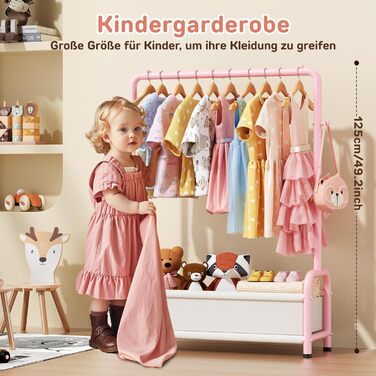 Дитяча вішалка для одягу Kinder Garderobe, 80x30x125 см, рожева. З гачками та кошиком для зберігання, U-подібна основа.