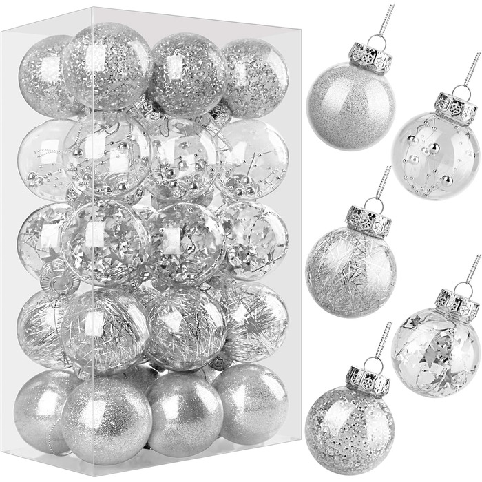 Шарм-кулі для ялинки, пластикові, срібні, 6 см, набір 30 шт. з петелькою