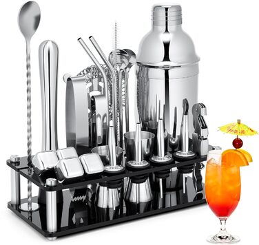 Sliver 23-Piece Stainless Steel Cocktail Shaker Set with Acrylic Stand & Recipe Book - Professional Bartender Bar Tools for Drinks, Whiskey Stones
