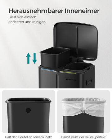 SONGMICS Відро для сміття 40 л з 2 відділеннями, 2 x 20 л, з педаллю, з металу, з пластиковим внутрішнім відром, з кришкою, з ручками, Softclose, герметичне, біле LTB40WT (Чорний)