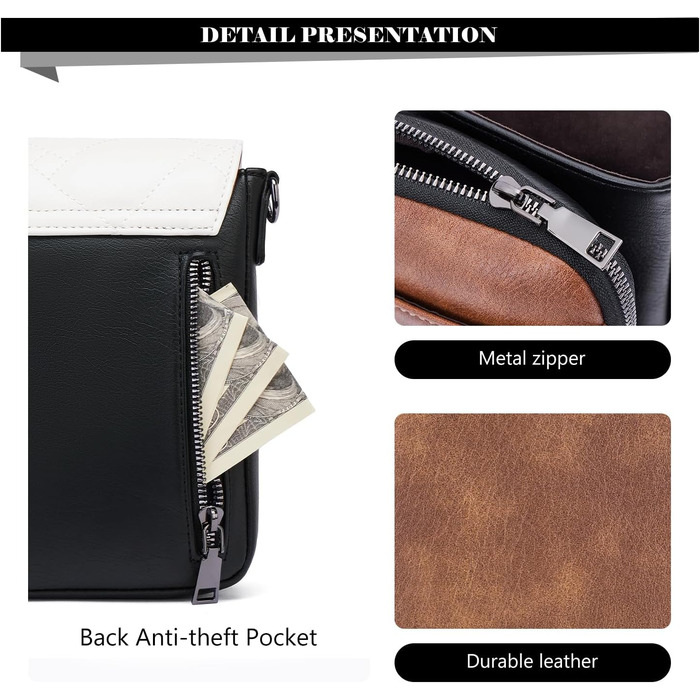 Сумка-органайзер на шию MUIIKOLA для телефону з RFID-захистом, велика місткість, екошкіра, гаманець, широка лямка, чорно-коричнево-біла