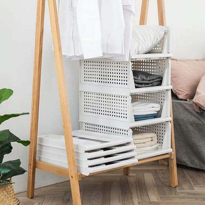 Set of 4 Stackable Folding Clothes Storage Boxes, Plastic Closet Shelves, Closet Organizer Boxes, Pull-Out Drawer-Like Design, Suitable for Home, Bedroom, Kitchen