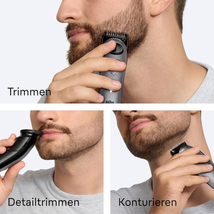 Триммер для бороди Braun Series 5 BT5525: Електрична машинка для стрижки бороди з 5 насадками, водонепроникна, 40 налаштувань довжини, сірий