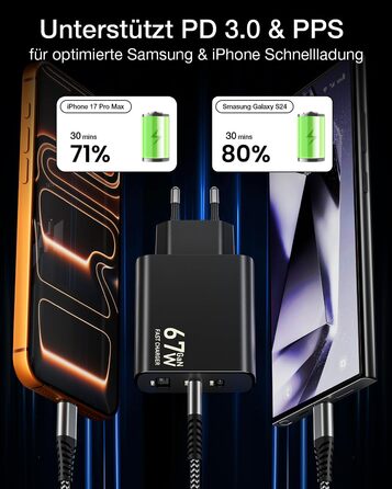 Зарядний пристрій USB-C 67W 3-Port PD PPS для MacBook, iPhone, Samsung Galaxy, iPad, Pixel - Чорний