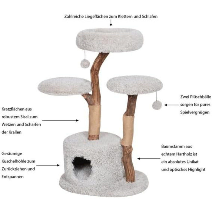 Котячий будиночок Dehner Premium Lovely: кігтеточка, лежанка, печера | для великих та маленьких котів | дерево, плюш, сизаль | стабільний, сучасний, сірий | 110 x 60 x 45 см