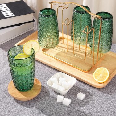 Joeyan 380ml Green Drinking Glasses with Embossed Design, Water Glasses Dishwasher Safe, Long Drink Glasses Set of 4