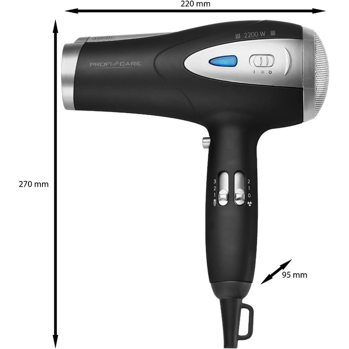 Фен ProfiCare® HTD 3113 чорний з іонізацією 2200W | Легкий туристичний фен з 3 режимами та 2 рівнями швидкості | Cool-Shot, насадка-дифузор та насадка для укладання