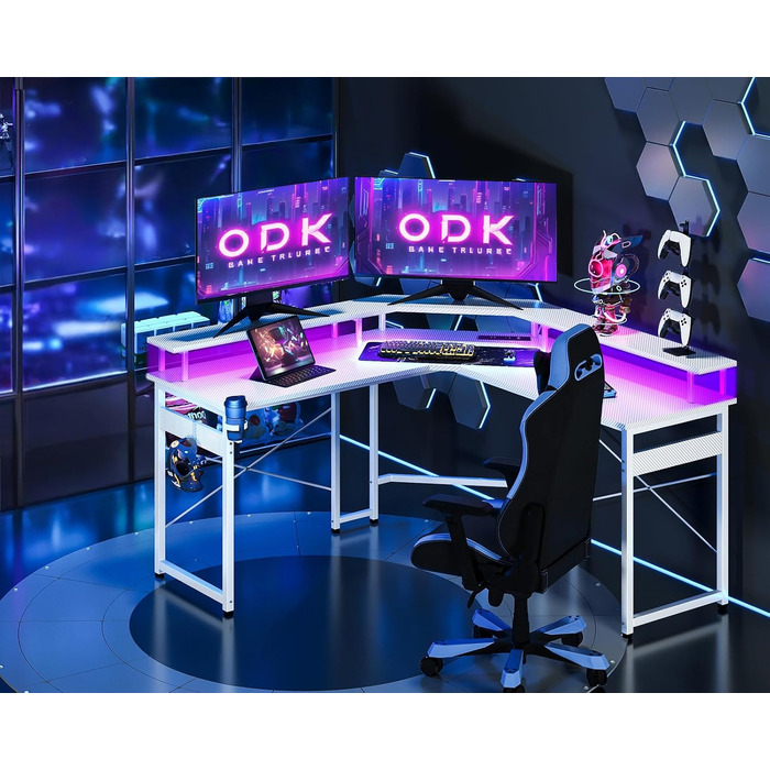 ODK Gaming Table with LED, Gaming Desk with 2 Outlets and 2 USB Charging Ports, PC Table Gaming with a Generous Monitor Stand, Gamer Desk in Carbon Fiber White, 129x129 cm