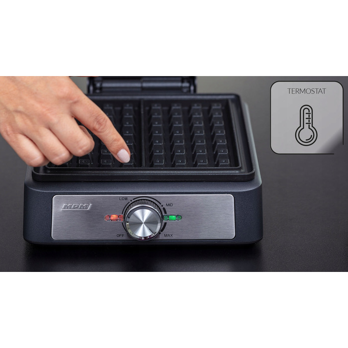Вафельниця MPM MGO-41/C, 1600 Вт, 2 прямокутні форми, регулювання температури, чорна