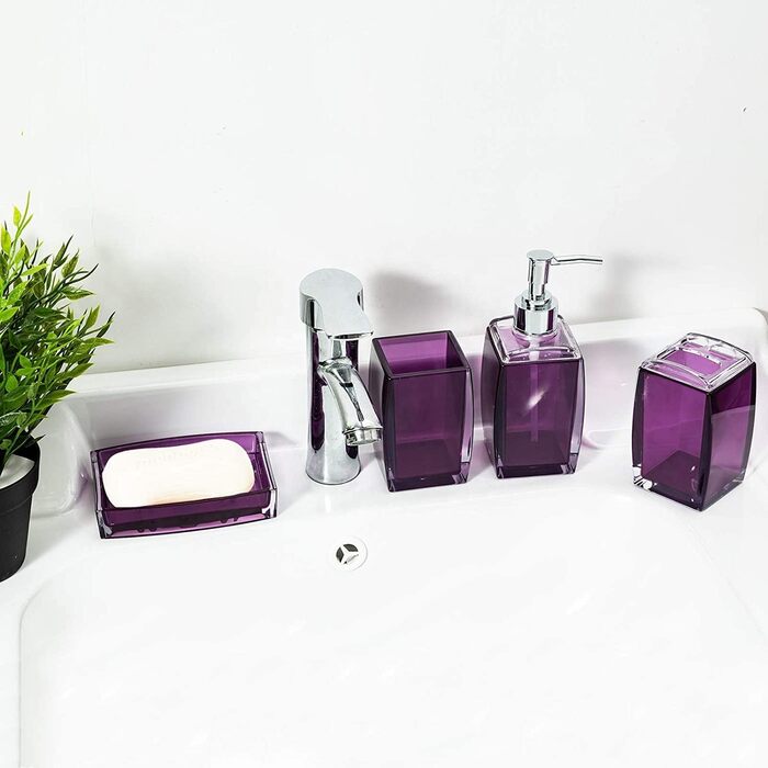 Bathroom Accessories, 5-Piece Set, Resin/Acrylic, Complete Set, Lotion/Soap Dispenser, Soap Dish, Toothbrush Holder, Cup, Toilet Brush and Holder, Modern Bathroom Decor and Gift Set, (Purple)