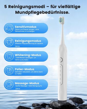 Електрична зубна щітка зі звуковими вібраціями, 5 режимів, таймер 30с, для відбілювання зубів за 2 тижні, 8 змінних насадок з м'якою 3D-щіткою, IPX7, 8 насадок