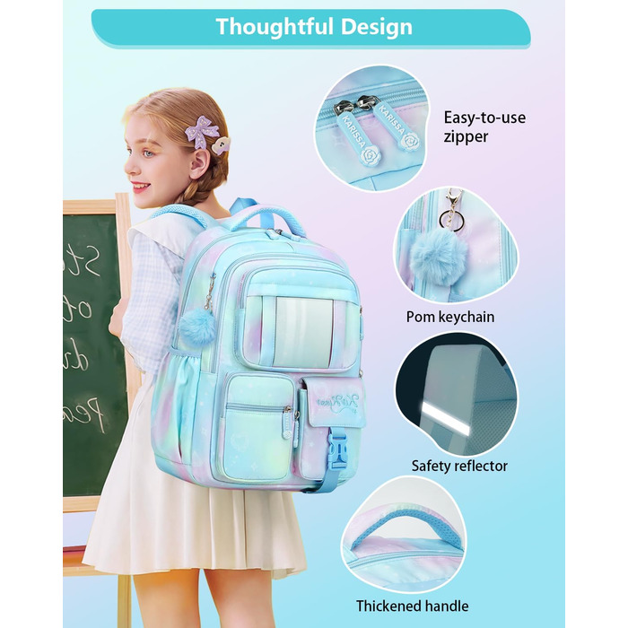 Рюкзак для дівчинки Tanou - шкільний ранець для 1-4 класів, дихаючий, водовідштовхуючий, нейлон, блакитний