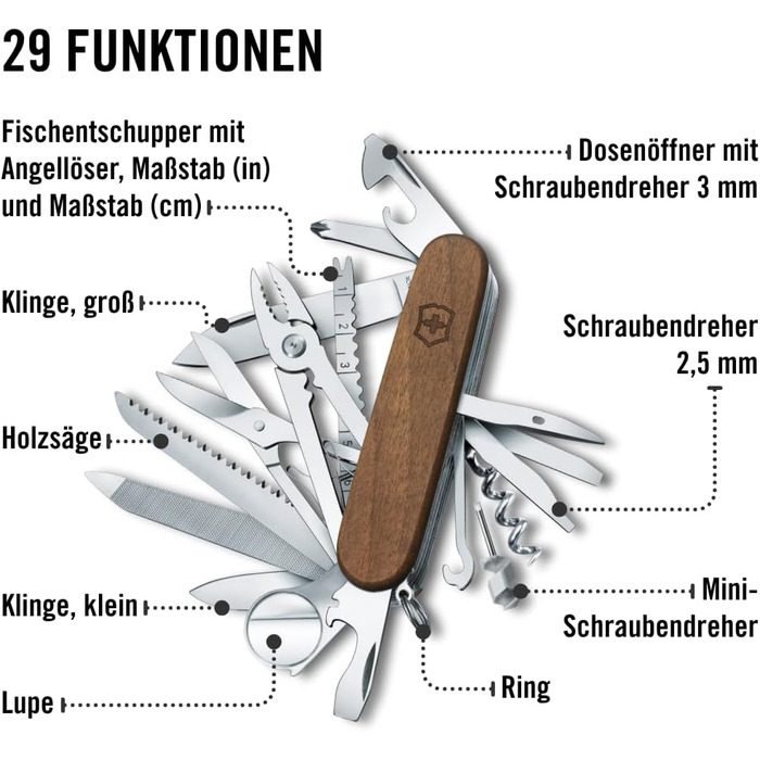 Нож Victorinox Swiss Champ Wood (29 функцій) з деревом, з пилкою та ножицями